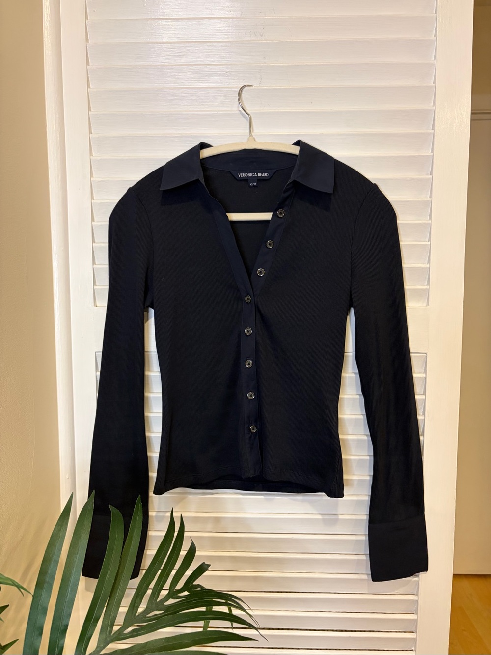 Veronica Beard Navy Pima Cotton Ribbed Knit Button-Down Top Size XS